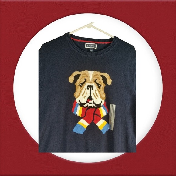 Club Room Pullover Dog Scarf Sweater Size L Blue BullDog Ski‎ Knit Cotton NWT - Picture 5 of 5
